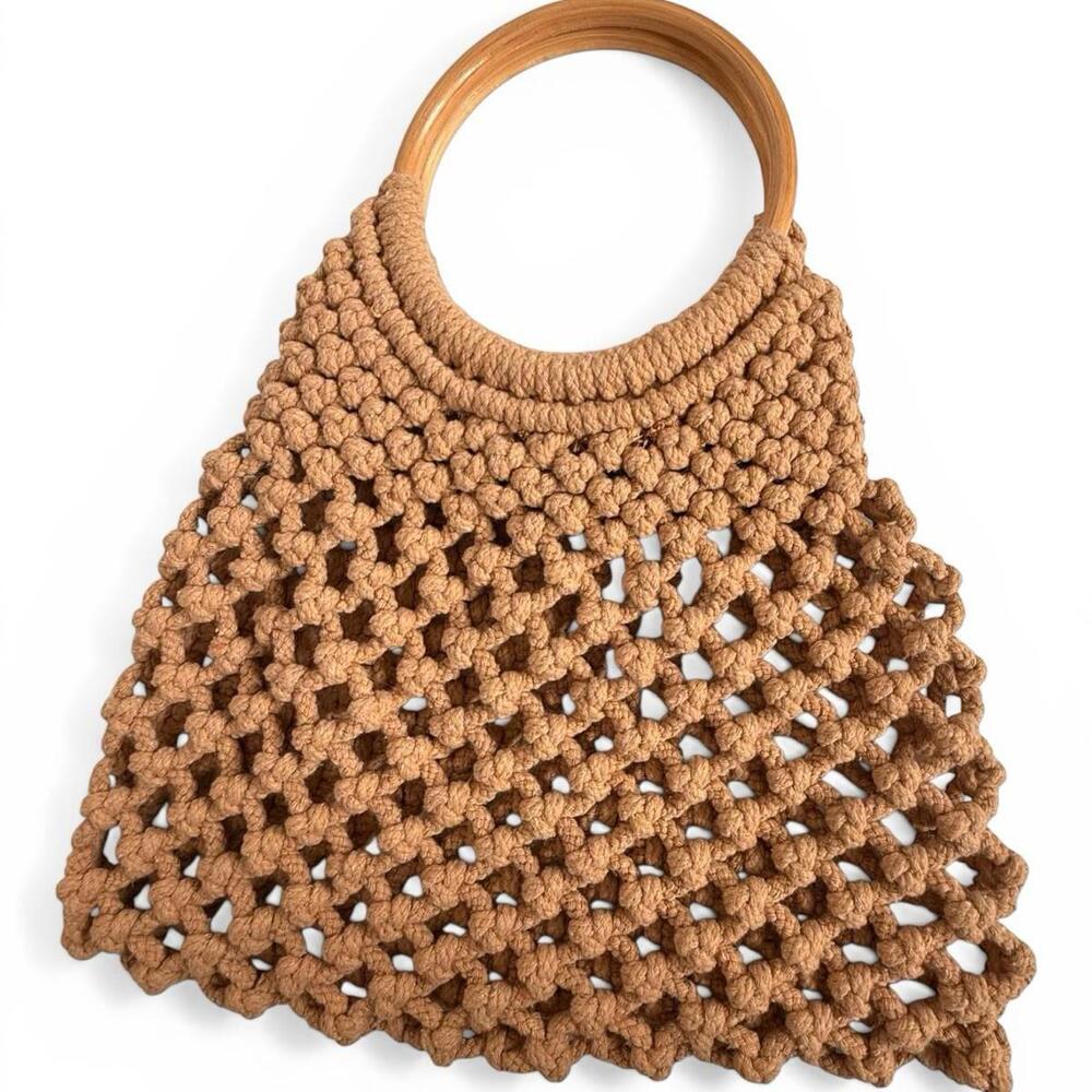 Do Everything In Love Macrame Net Bag Wooden Handle Boho Beige Tote Cottagecore